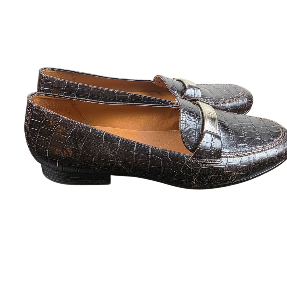 Lauren Ralph Lauren Loafers Womens 7.5 AA Brown Good Croc Embossed RL Logo Bar - Picture 2 of 11